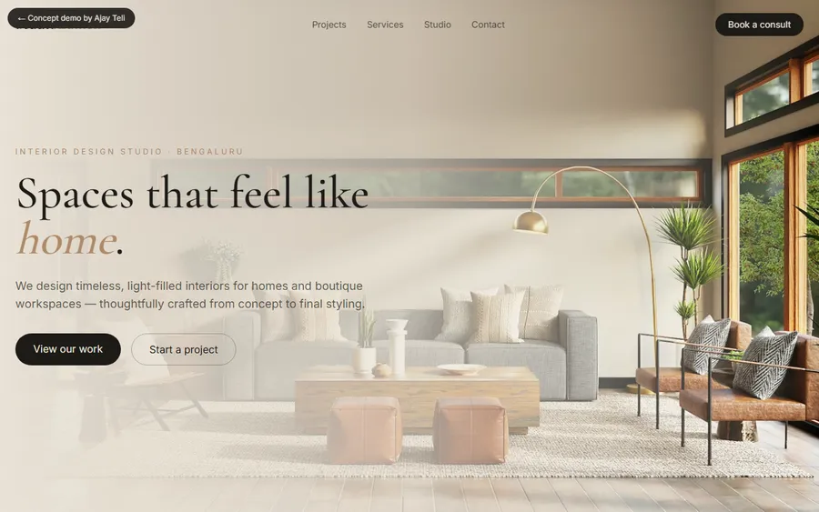 Interior design studio website concept built with Next.js and Tailwind CSS