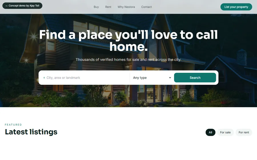 Real estate property listing website concept with search and filters